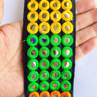 Black / Beige Fabric Mirrored Trim With Green, Orange, Yellow And Pink Embroidery With Mirrors
